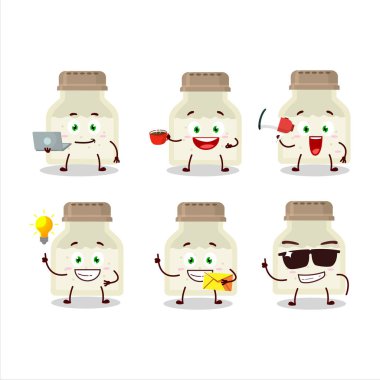 Çeşitli iş simgelerine sahip beyaz biber şişesi çizgi film karakteri. Vektör illüstrasyonu.