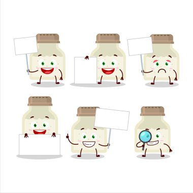 Beyaz biber şişesi çizgi film karakteri bilgi tahtası getiriyor. Vektör illüstrasyonu