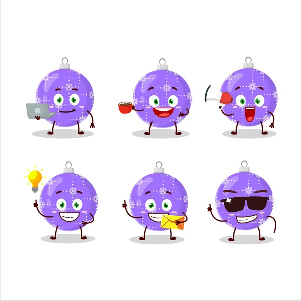 Bola de Navidad personaje de dibujos animados púrpura con varios tipos de emoticonos de negocios — Vector de stock
