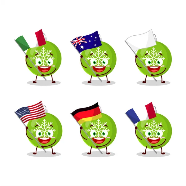 Kerstbal groene cartoon karakter brengen de vlaggen van verschillende landen — Stockvector