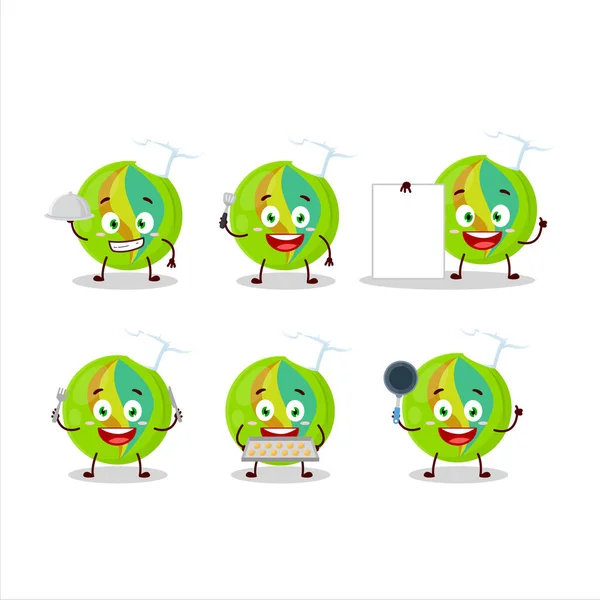 Cartoon character of green marbles with various chef emoticons — Stock Vector