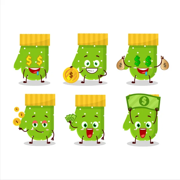 Sarung tangan hijau karakter kartun dengan emoticon lucu membawa uang - Stok Vektor