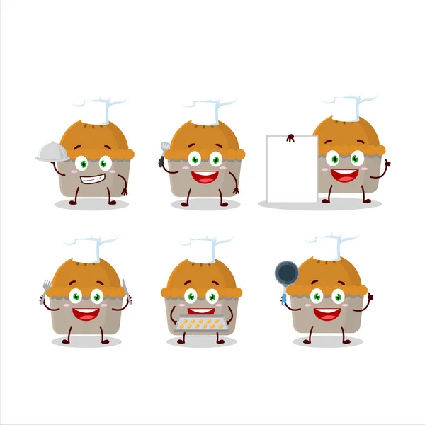 Personaje de dibujos animados de pastel de carne con varios emoticonos chef — Vector de stock