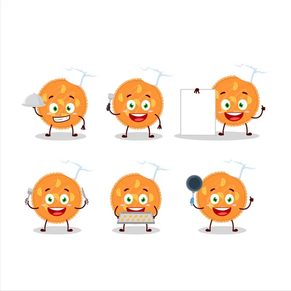 Caractère de bande dessinée de tarte à l'orange avec divers émoticônes de chef — Image vectorielle