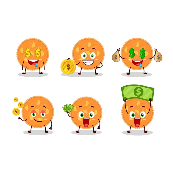 Karakter kartun pai oranye dengan emoticon lucu membawa uang - Stok Vektor