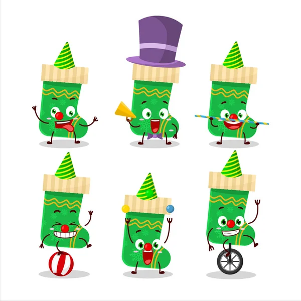 有各种马戏团节目的绿色圣诞袜的卡通形象 — 图库矢量图片