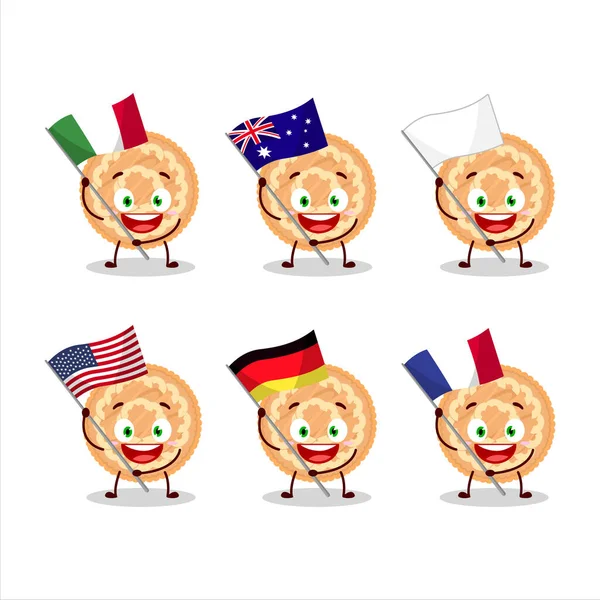 Potatis paj tecknad karaktär föra flaggor i olika länder — Stock vektor