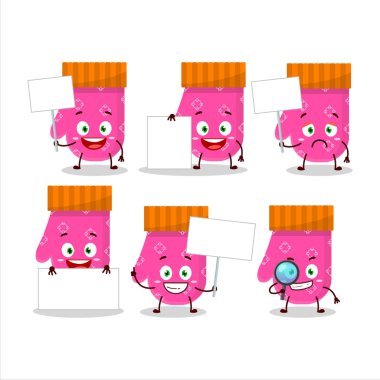 Pembe eldivenli karikatür karakteri bilgi tahtası getirir. Vektör illüstrasyonu