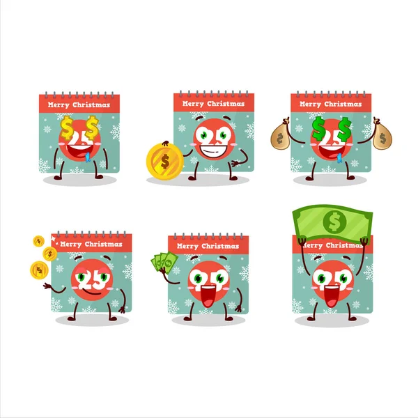 25 Dezembro de personagem de desenho animado calendário com emoticon bonito trazer dinheiro — Vetor de Stock