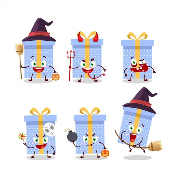 Halloween Ausdruck Emoticons mit Cartoon-Charakter des blauen Weihnachtsgeschenks — Stockvektor