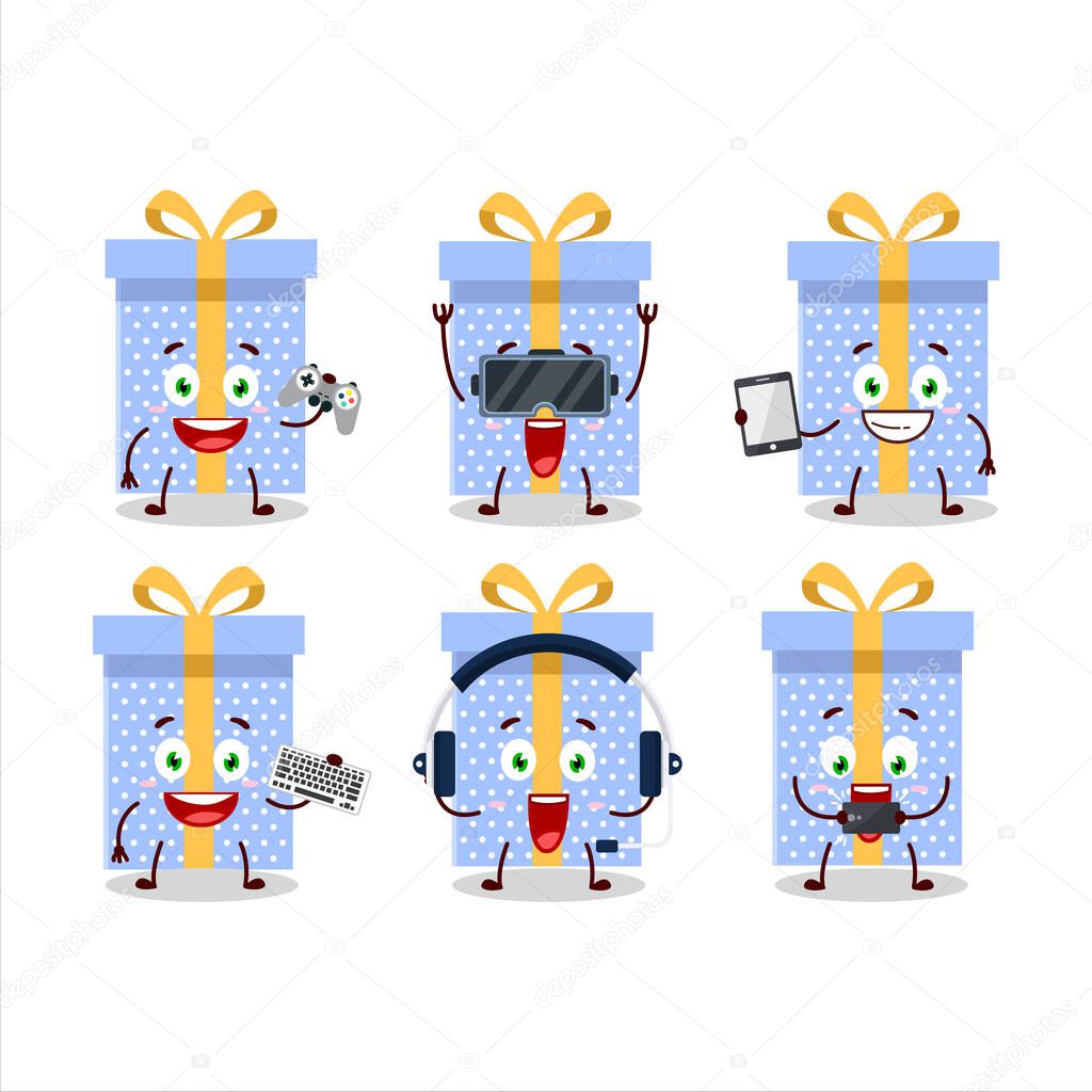 Blue christmas gift cartoon character are playing games with various cute emoticons