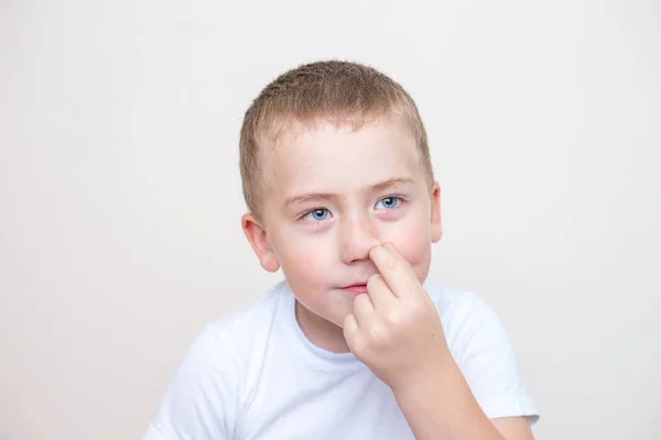 Portrait Little Boy Picking His Nose White Background Royalty Free Stock Images