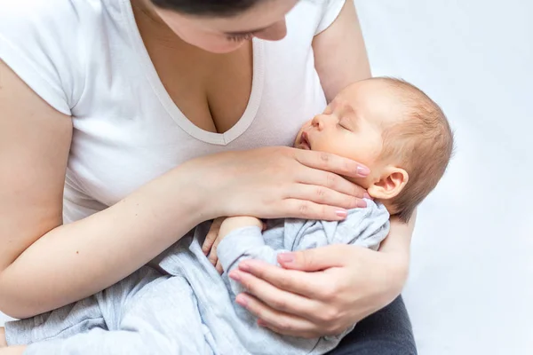 Young Mother Holding Her Newborn Son Mom Nursing Infant — Stock Photo, Image