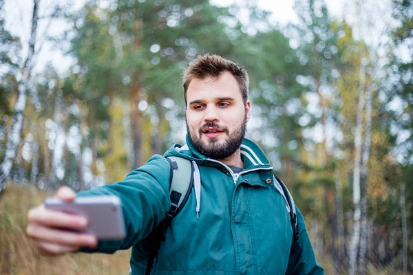 Handsome Bearded Male Tourist Taking Selfie Forest — Stock Photo, Image