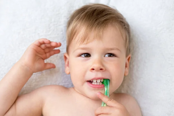 Cute Two Year Old Boy Brushing His Teeth Stock Picture