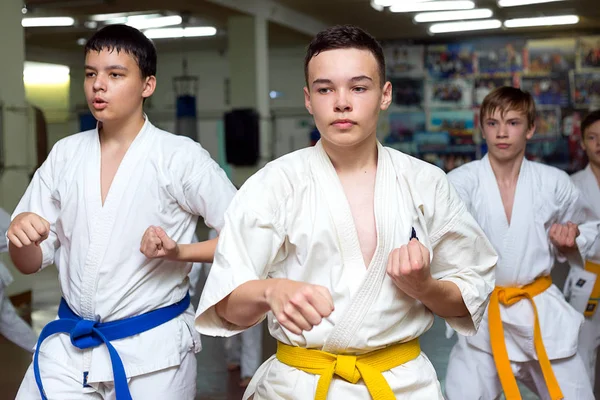 MIASS, RUSIA - 12 DE DICIEMBRE DE 2018: grupo de niños en entrenamiento de artes marciales — Foto de Stock