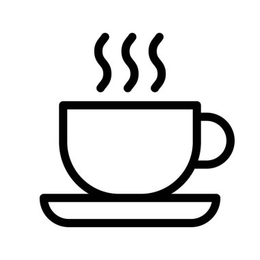 Sıcak kahve fincanı vektör simgesi. Siyah çizgi sanatı, fincandan tabağa yükselen buharla. Kafein, menü veya mobil uygulama tasarımı için içecek sembolü.