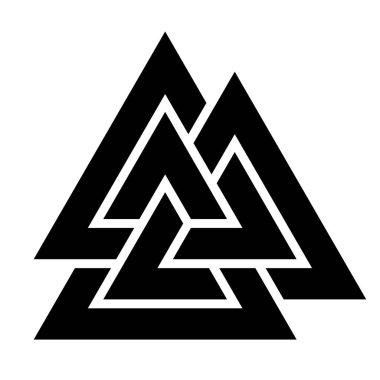 Valknut Norse sembolü vektör illüstrasyonu. Viking mitolojisi ikonu, Odin sembolü, antik İskandinav tasarımı, İskandinav amblemi, beyaz arka planda siyah siluet..