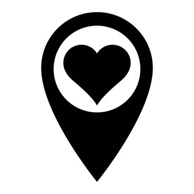 Kalp konumu vektör ikonu. Aşk haritası işaretleyici, romantik navigasyon sembolü, favori yer etiketi, randevu uygulaması tasarım unsuru. Beyaz arkaplanda siyah siluet izole edildi.