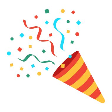 Konfeti vektör illüstrasyonlu renkli parti meraklısı. Kutlama, doğum günü, festival, bayram ya da süpriz dekorasyon sembolü. Çizgi film biçimi resmi beyaz arkaplanda izole edildi.