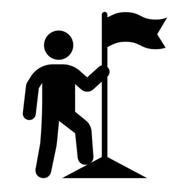 İş başarısı vektör simgesi. Dağın zirvesinde bayrak tutan işadamı ya da lider. Başarının, liderliğin ve amacın sembolü. Beyaz arkaplanda siyah siluet.