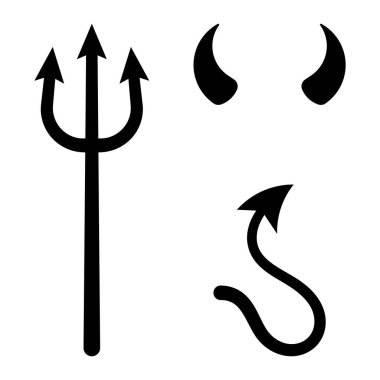 Şeytanın mızrağı, kuyruğu ve boynuz vektör dizaynı. Cadılar Bayramı, fantezi ya da parti dekorasyonları, çizimler ya da grafikler için şeytani kostüm unsurları. Beyaz arkaplanda siyah siluet izole edildi.