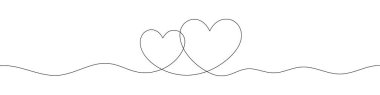 Birbirine dolanmış iki kalbin sürekli çizimi. Aşk, düğün ya da Sevgililer Günü tasarımları için minimalist romantik vektör illüstrasyonu. Beyaz arkaplanda siyah çizgi sanatı.