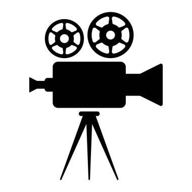 Sinema kamera vektör simgesi. Film yapımı, video kaydı veya film yapımı için klasik bir kamera sembolü. Beyaz arkaplanda siyah siluet izole edildi.