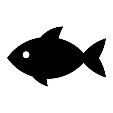 Balık vektör simgesi. Deniz ürünleri sembolü ya da suda yaşayan hayvan silueti. Deniz hayatı, balıkçılık ya da yiyecekle ilgili bir işaret. Beyaz arkaplanda siyah siluet izole edildi.