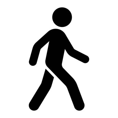 Yürüyen insan vektör simgesi. Yaya sembolü ya da yön bulma, sokak güvenliği ya da şehir hareketi için yürüyüş işareti. Beyaz arkaplanda siyah siluet izole edildi.