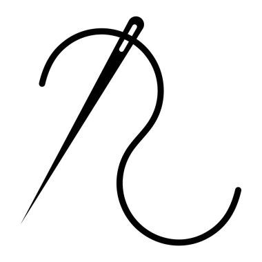 İplik vektör ikonlu iğne. Terzilik, nakış ve tekstil tasarımı için dikiş aleti sembolü. Beyaz arkaplanda siyah siluet izole edildi.