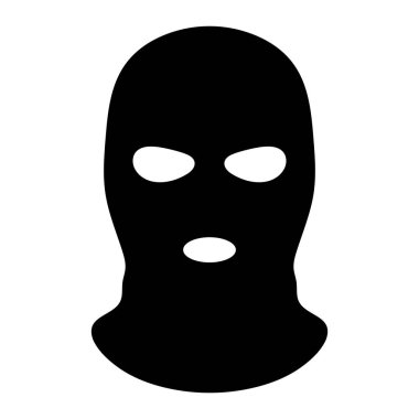 Kar maskeli haydut vektör ikonu. Suçlu yüzü örtüsü ya da kar maskesi sembolü. Beyaz arkaplanda siyah siluet izole edildi.