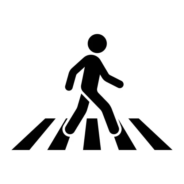 Yaya geçiş vektör simgesi. Zebra yaya geçidi üzerinde yürüyen insan trafik, yol güvenliği ve şehir seyrüsefer tasarımı sembolü. Beyaz arkaplanda siyah siluet izole edildi.