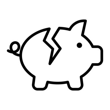 Kırık domuz kumbarası vektör ikonu. Para yönetimi tasarımı için finansal kayıp, iflas veya tasarruf krizinin ana hatları.