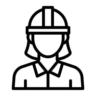 Kadın mühendis vektör ikonu. İnşaat, mimari veya teknik meslek tasarımı için güvenlik kaskı sembolü takan siyah hatlı kadın..