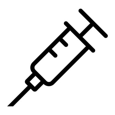 Şırınga vektör simgesi. Siyah çizgili iğne enjeksiyon aleti sanatı. Sağlık, aşı ve hastane ekipmanları sembol tasarımı.