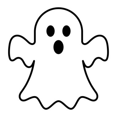 Hayalet vektör simgesi. Ürkütücü ruh siluetinin basit siyah çizgi sanatı. Dekorasyon, uygulama ve şenlik tasarımı için Cadılar Bayramı sembolü.