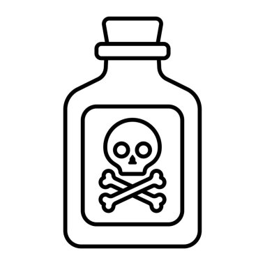 Zehirli şişe vektör ikonu. Kafatası ve çapraz kemik etiketli siyah çizgi sanat şişesi. Tehlike, Cadılar Bayramı ve uyarı tasarımı için zehirli kimyasal sembol.