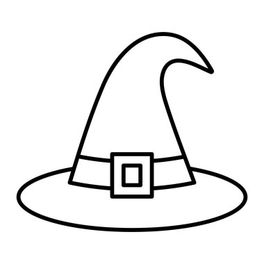 Cadı şapkası vektör simgesi. Siyah çizgili tokalı şapka. Cadılık, sihir, fantezi ve ürkütücü tasarım için klasik Cadılar Bayramı sembolü..