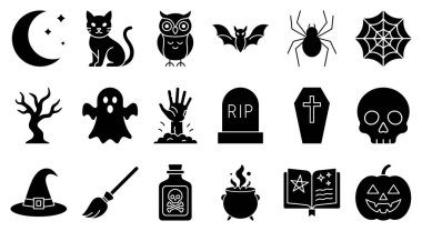 Cadılar Bayramı vektör simgesi ayarlandı. Kedi, yarasa, hayalet, kafatası, balkabağı, mezar taşı, cadı şapkası, kazan, örümcek ve ürkünç ağaç. Dekorasyon, parti ya da mevsimsel tasarım için korkunç bayram sembolleri