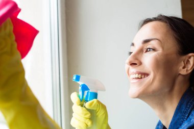 Güzel genç kadın evde pencereler temizlerken bir toz bezi ve bir sprey kullanarak