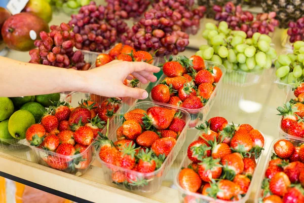 Çilek paket süpermarket vitrinde, yakın çekim