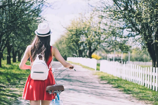 Visão Traseira Jovem Mulher Bicicleta Rolamento Vestido Vermelho Estrada País — Fotografia de Stock