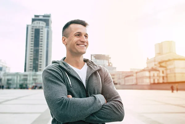 Portrait Smiling Man White Shirt Grey Hoodie Standing Folded Arms — Stock Photo, Image