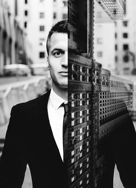 Double Exposure Portrait Businessman City Background — Stock Photo, Image