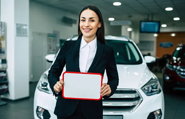 Beautiful Smiling Saleswoman Black Suit Holding White Blank Board Hands — Stock Photo, Image