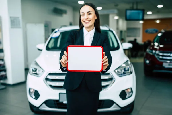 Beautiful Smiling Saleswoman Black Suit Holding White Blank Board Hands — Stock Photo, Image