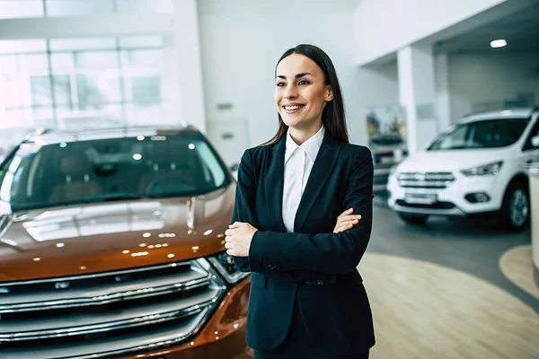 Portrait Cheerful Smiling Businesswoman Black Suit Standing Crossed Arms Dealership — Stock Photo, Image
