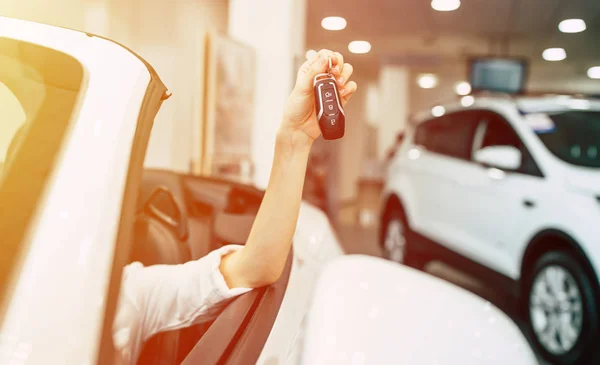 Female Hand Holding Car Keys Woman Sitting Car — Stock Photo, Image