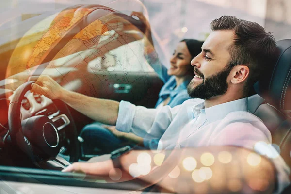 Doble Exposición Foto Pareja Feliz Conduciendo Coche Nuevo — Foto de Stock